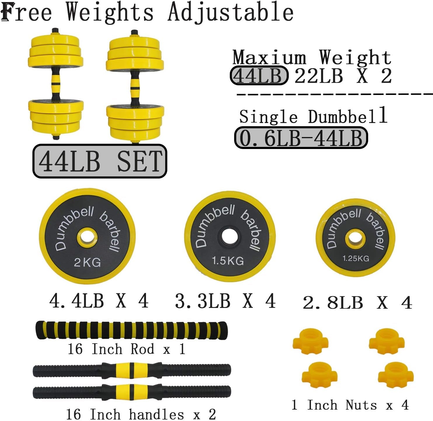 Adjustable Dumbbell Barbell Weight Pair, Free Weights Set 2-In-1 22LB/33LB/44LB/66LB, Weights Dumbbells Set with Rod, Non-Slip Handles, All-Purpose, Home, Gym, Office
